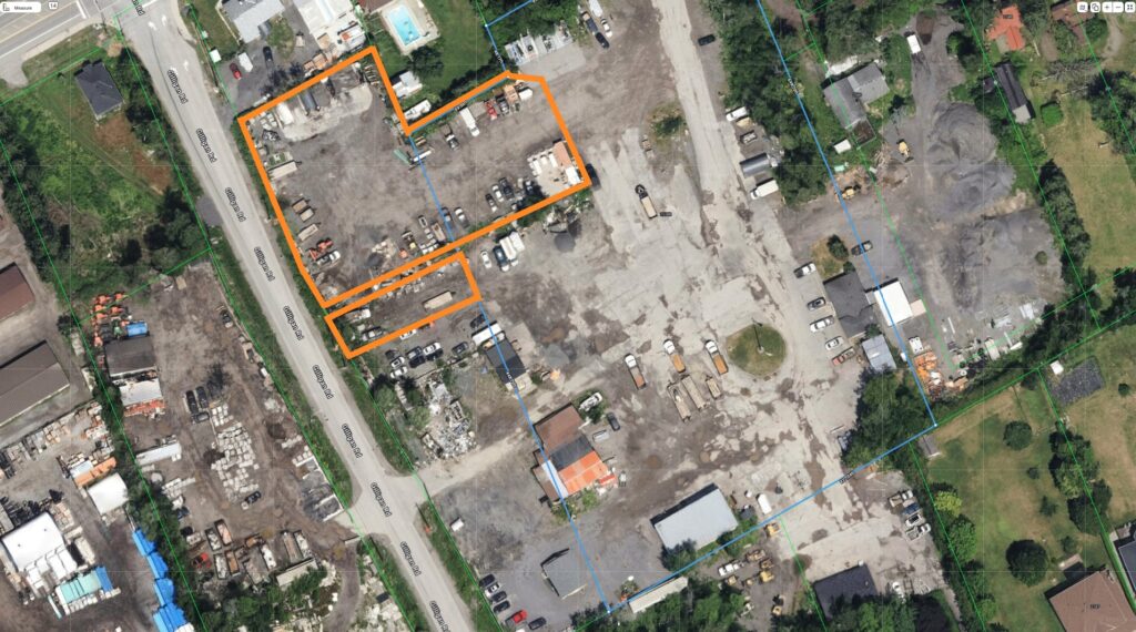Aerial photo outlining the two storage yards at 2538 Leitrim Road along Gilligan Road, Ottawa