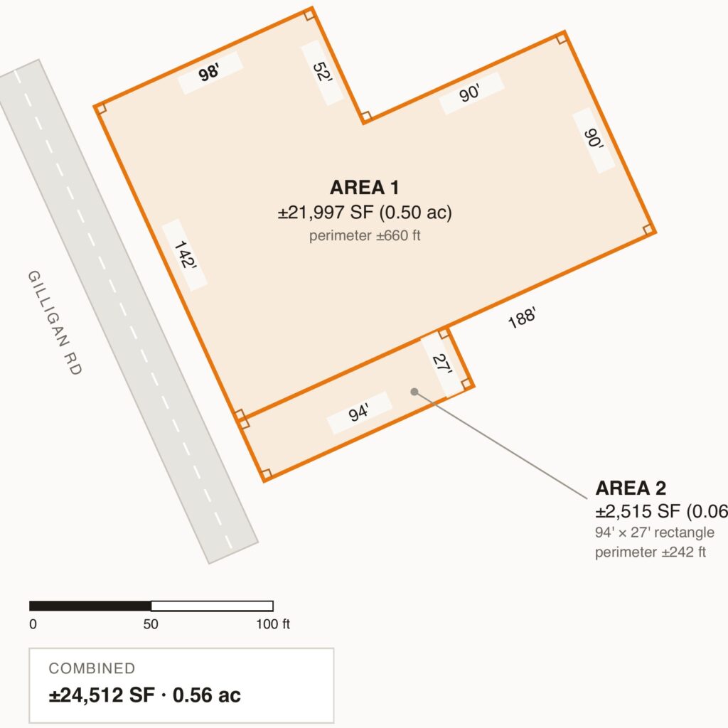 Yard area plan for 2538 Leitrim Road: Area 1 about 21,997 sf (0.50 acre) and Area 2 about 2,515 sf, fronting Gilligan Road